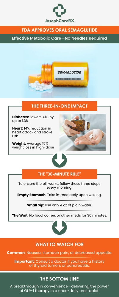 FDA-approved oral semaglutide is the first GLP-1 medication available in pill form, offering a convenient alternative to injections for effective weight loss and metabolic health improvement. It works by mimicking the natural GLP-1 hormone, helping to control appetite, regulate blood sugar, and promote sustainable fat loss. Dr. Leah Joseph, MD at JosephCareRX, provides expert guidance on using oral semaglutide safely and effectively to support personalized weight loss goals. For more information, contact us or book an appointment online. We are conveniently located at 2504 Raeford Road #101 Fayetteville NC 28305.